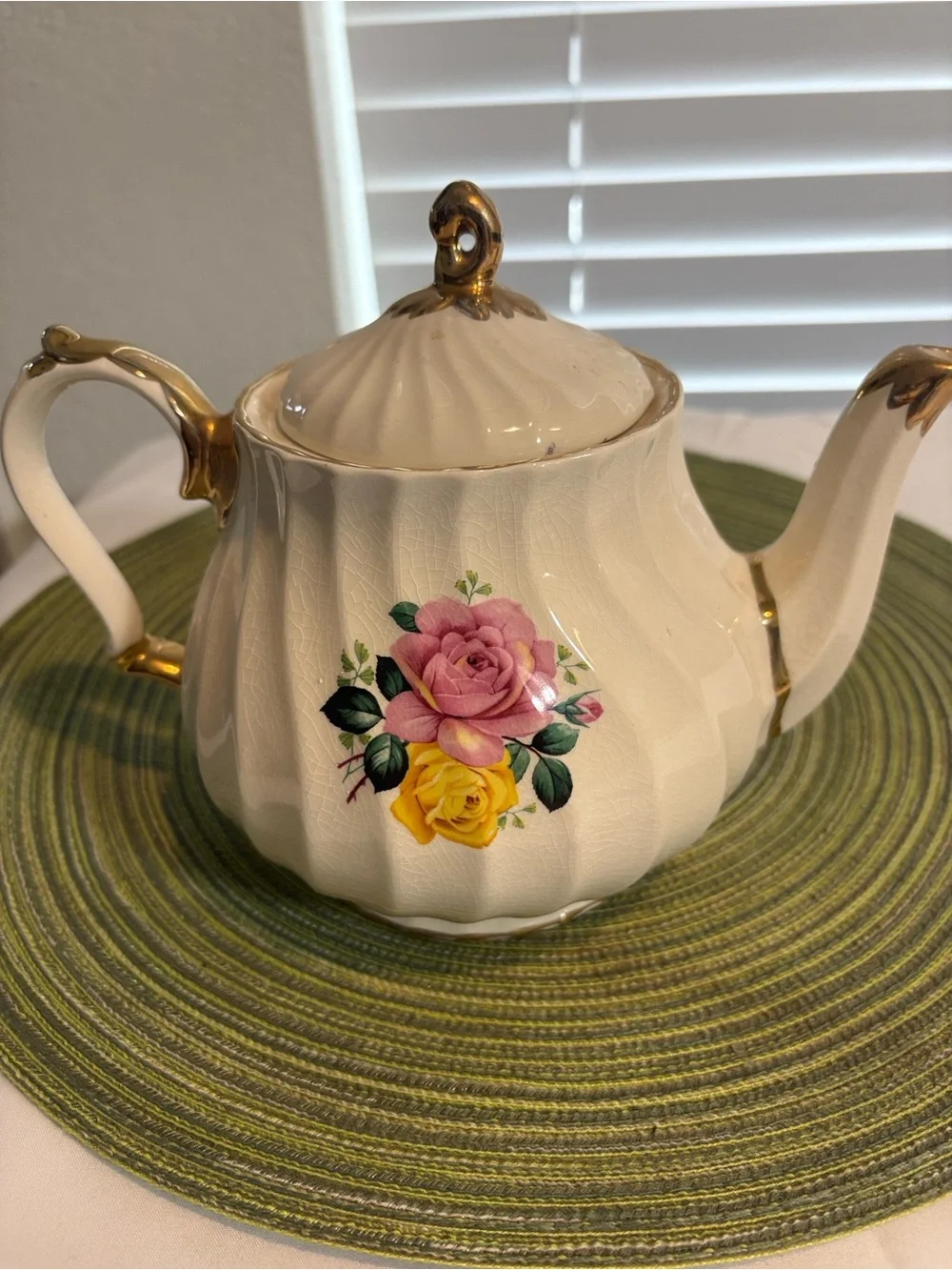 Floral Porcelain Teapot with Pink & Yellow Roses. Sadler England